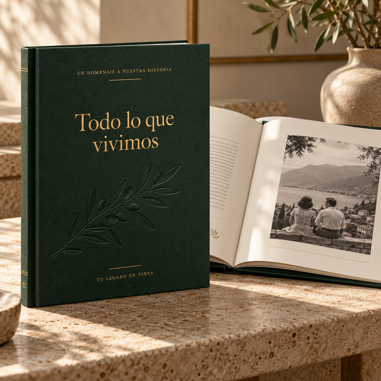 Libro homenaje verde bosque Todo lo que vivimos junto a un interior con fotografías
