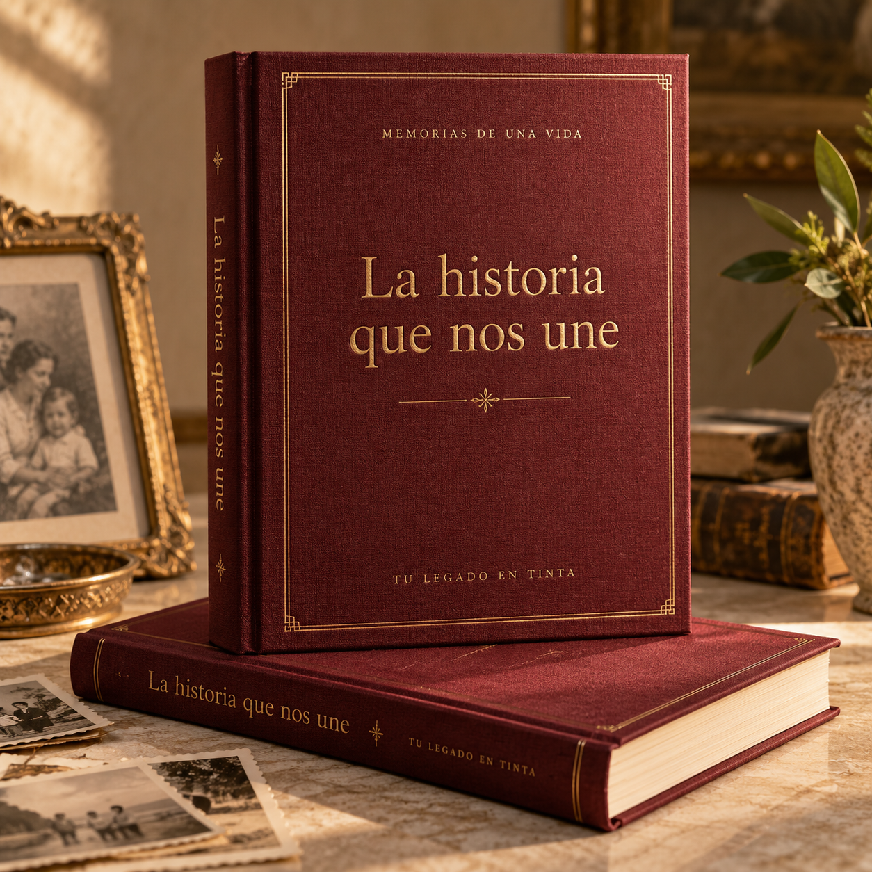 Propuesta de memorias La historia que nos une, con cubierta burdeos y letras doradas