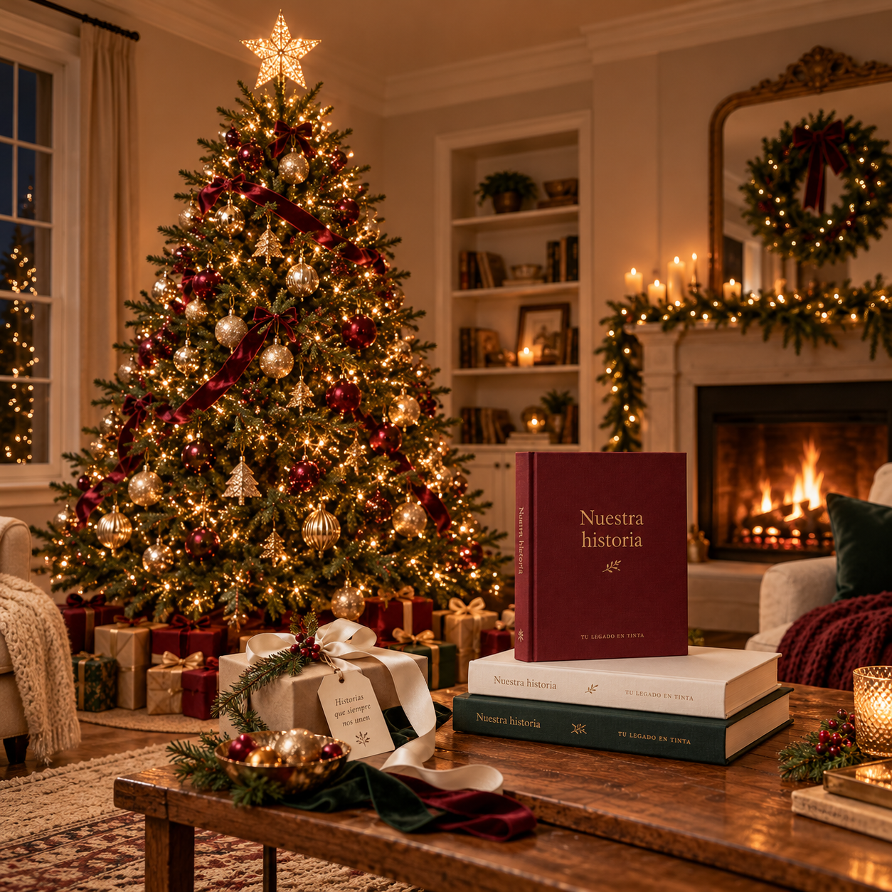 Árbol de Navidad completo, desde la estrella hasta la base, junto a libros familiares de tapa dura burdeos, marfil y verde